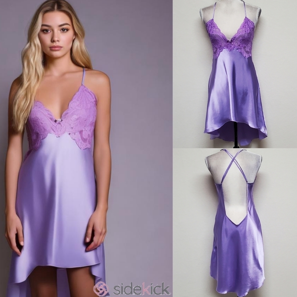 Surprise Parties 80s Rare Vintage Lavender Charmeuse Sheer Lace Backless Chemise